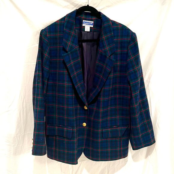 Vintage Women's Pendleton Green Blue Plaid 100% Virgin Wool Blazer PLUS Size 22W - Picture 1 of 6